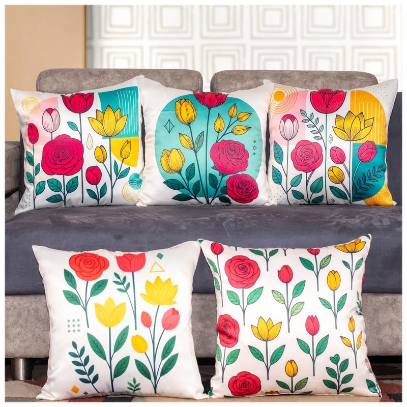 Vendola Decorative Satin Sofa Cushion Covers Set of 5, 24 Inch x 24 Inch, Sofa Pillow Cover, Red and Yellow, Floral Design, Zipper Closure (Colour Craze, 24X24 Inches) - Image 1