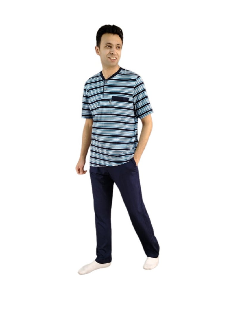 جت بيجاما رجالي صيفي جاكيت مقلم نصف كم رقبة مستديرة وبنطلون طويل ساده من جيت - كحلي - Image 1