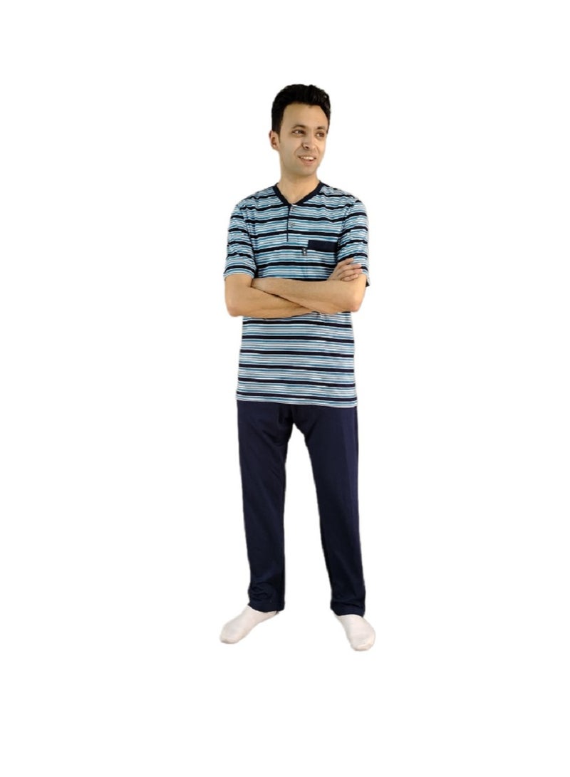 جت بيجاما رجالي صيفي جاكيت مقلم نصف كم رقبة مستديرة وبنطلون طويل ساده من جيت - كحلي - Image 2