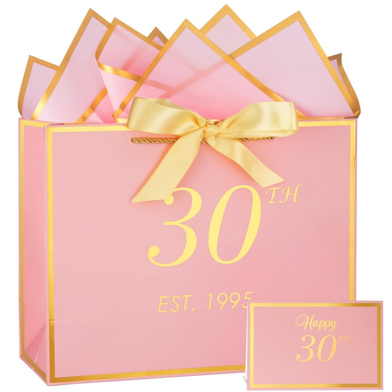 Momoake 30Th Birthday Gift Bag With Card And Tissue Paper For Women/Her  1995 30 Year Old 13 "" Elegant Pink Gold Anniversary Keepsake Party Present Shopping Paper Bags For 30Th Birthday Decorations - Image 1