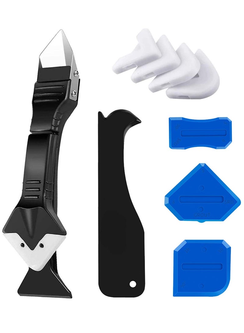 Silicone Caulking Tool, Caulk Remover Tool Grout Removal Tool, Caulk Remover, Silicone Caulking Tool Kit, with 4pc Glass Glue Angle Scraper - 3 in 1 Caulking Finishing Tools - Image 1