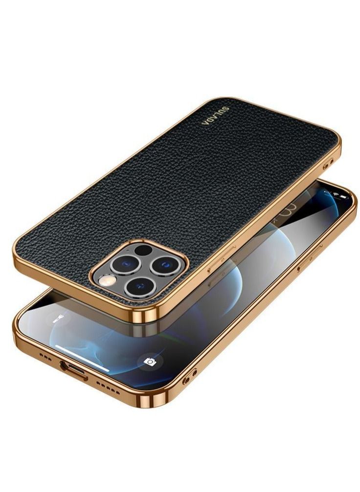SULADA Case for Apple iPhone 14 Pro 6.1 inch Slim Luxury Business Style Retro Classic PU Electroplate Shiny Gold Frame Soft Hybrid Bumper Shockproof Cover Protective Cover Black - Image 2