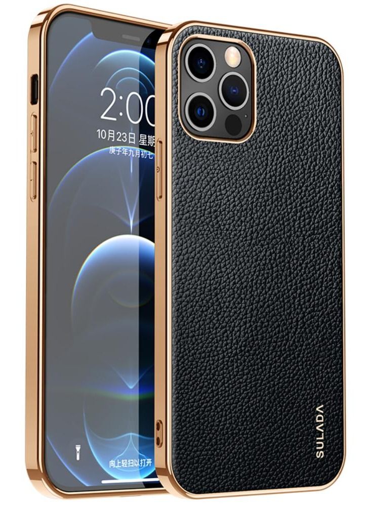 SULADA Case for Apple iPhone 14 Pro 6.1 inch Slim Luxury Business Style Retro Classic PU Electroplate Shiny Gold Frame Soft Hybrid Bumper Shockproof Cover Protective Cover Black - Image 1
