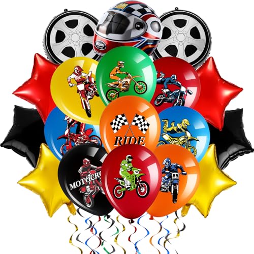 Glimin 48 Pcs Dirt Bike Balloons Party Decorations Motocross Race Car Theme Checkered Flag Helmet Wheel Tire Foil Balloon Birthday Party Decor for Girl Boy Dirt Bike Sports Racing Party Supplies - Image 1