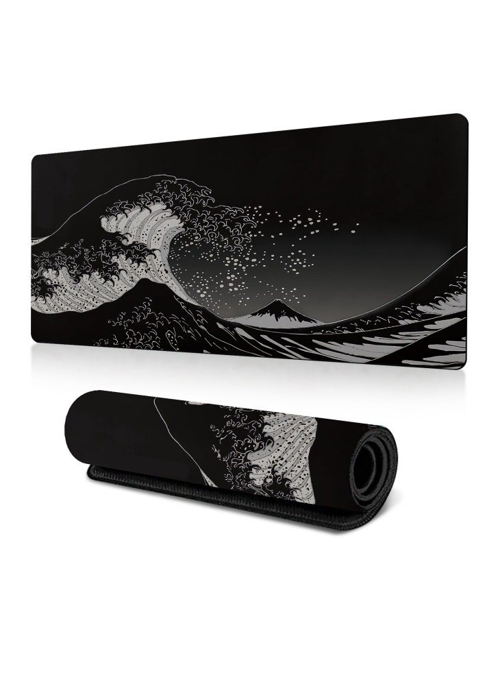 800x300x2mm Large Gaming Mouse Pad Stitched Edges Extended Mousepad Smooth Cloth Surface Non-Slip Rubber Base Waterproof Anime Black Extended Kanagawa Mouse Mat Desk Pad Spill-Resistant Desk Pad for Keyboard and Mouse(Japanese Wave) 