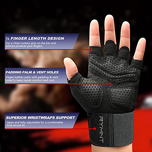 RYMNT Workout Gloves with Weight Lifting Wrist Wrap,Vented Cushioned Palm & Extra Grip for Men Women Gym,Weightlifting,Fitness Training,Fitness,Exercise,WODs,Pullups.MN Black-Large - Image 3