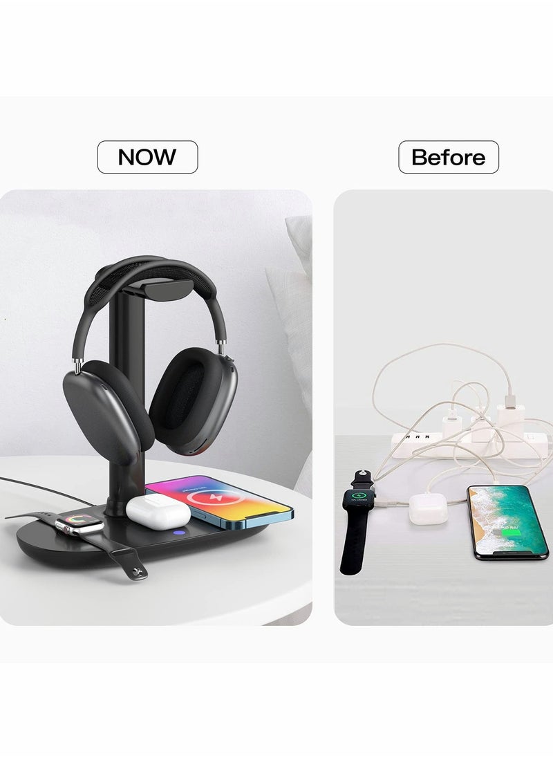Excefore - Headphone Stand with Wireless Charger,4 in 1 Fast Wireless Charging Station for Max/Pro/2 iWatch 7/6/5/4/3/2/1/SE,and fo iPhone 13/12/11/XS/XR/X/8 Series for Desktop Table Game - Image 1