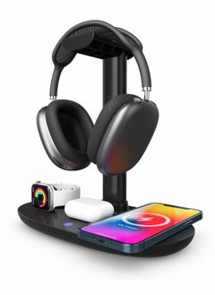 Headphone Stand with Wireless Charger,4 in 1 Fast Wireless Charging Station for Max/Pro/2 iWatch 7/6/5/4/3/2/1/SE,and fo iPhone 13/12/11/XS/XR/X/8 Series for Desktop Table Game