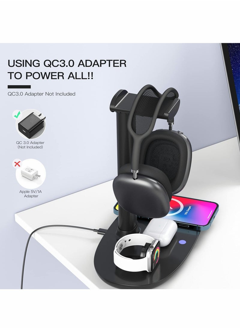 Excefore - Headphone Stand with Wireless Charger,4 in 1 Fast Wireless Charging Station for Max/Pro/2 iWatch 7/6/5/4/3/2/1/SE,and fo iPhone 13/12/11/XS/XR/X/8 Series for Desktop Table Game - Image 1