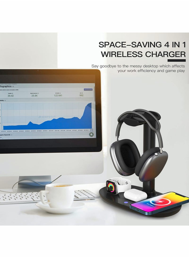 Excefore - Headphone Stand with Wireless Charger,4 in 1 Fast Wireless Charging Station for Max/Pro/2 iWatch 7/6/5/4/3/2/1/SE,and fo iPhone 13/12/11/XS/XR/X/8 Series for Desktop Table Game - Image 1