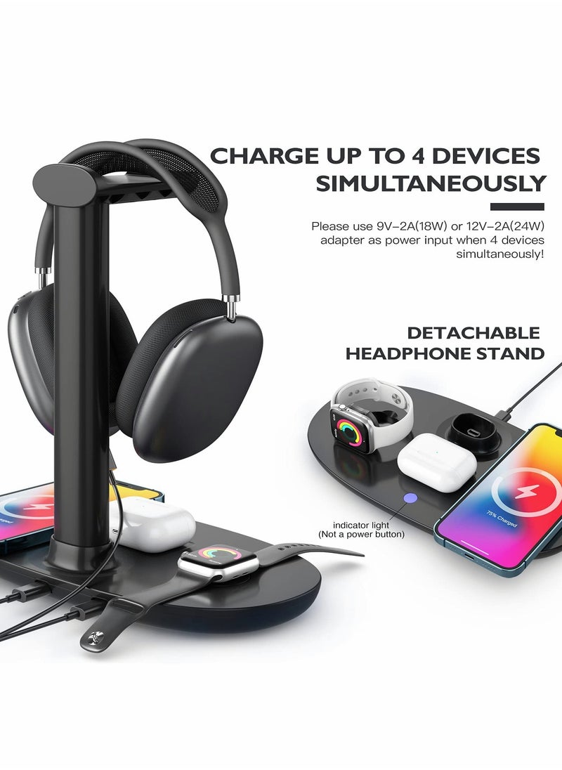 Excefore - Headphone Stand with Wireless Charger,4 in 1 Fast Wireless Charging Station for Max/Pro/2 iWatch 7/6/5/4/3/2/1/SE,and fo iPhone 13/12/11/XS/XR/X/8 Series for Desktop Table Game - Image 1