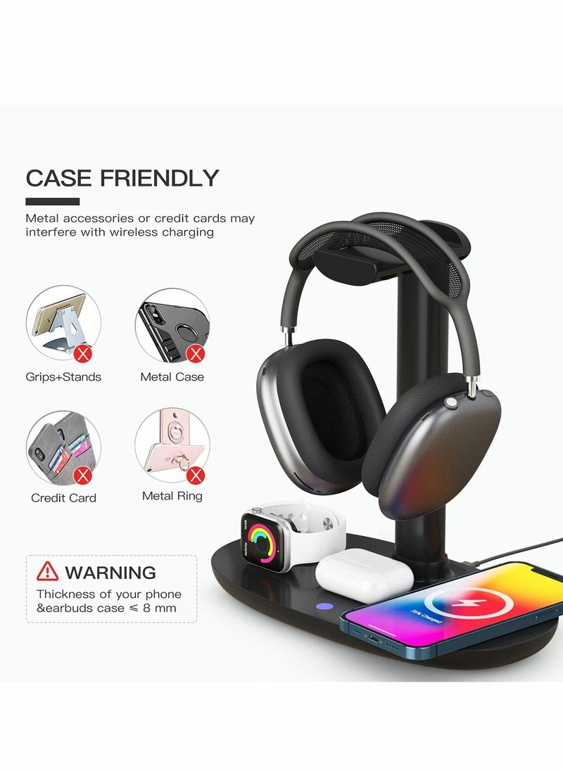 Excefore - Headphone Stand with Wireless Charger,4 in 1 Fast Wireless Charging Station for Max/Pro/2 iWatch 7/6/5/4/3/2/1/SE,and fo iPhone 13/12/11/XS/XR/X/8 Series for Desktop Table Game - Image 1