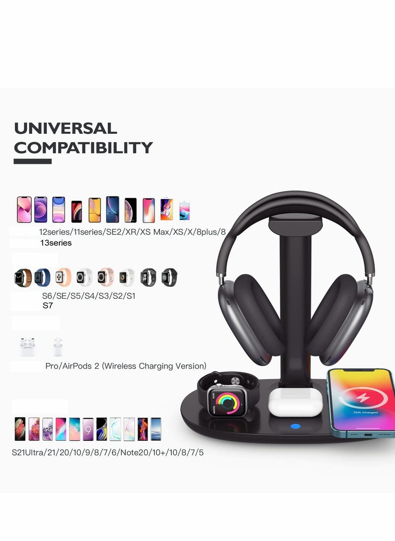 Excefore - Headphone Stand with Wireless Charger,4 in 1 Fast Wireless Charging Station for Max/Pro/2 iWatch 7/6/5/4/3/2/1/SE,and fo iPhone 13/12/11/XS/XR/X/8 Series for Desktop Table Game - Image 1