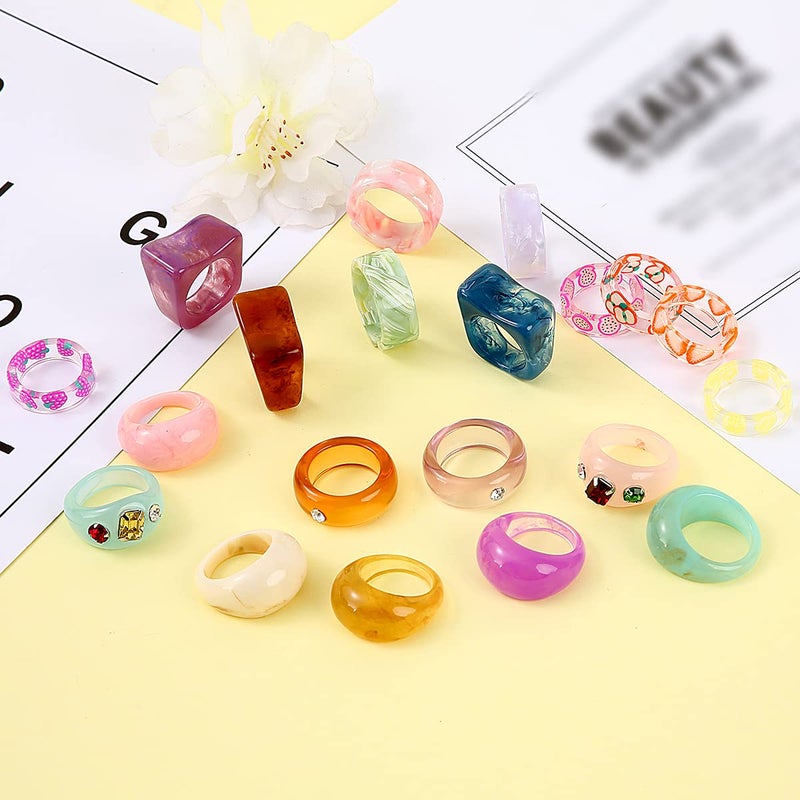 AIDSOTOU 20 Pcs Resin Acrylic Rings Set Colorful Trendy Vintage Thick Dome Y2k Rings Jewelry Plastic Resin Unique Square Gem Stackable Chunky Fruit Ring for Women - Image 3