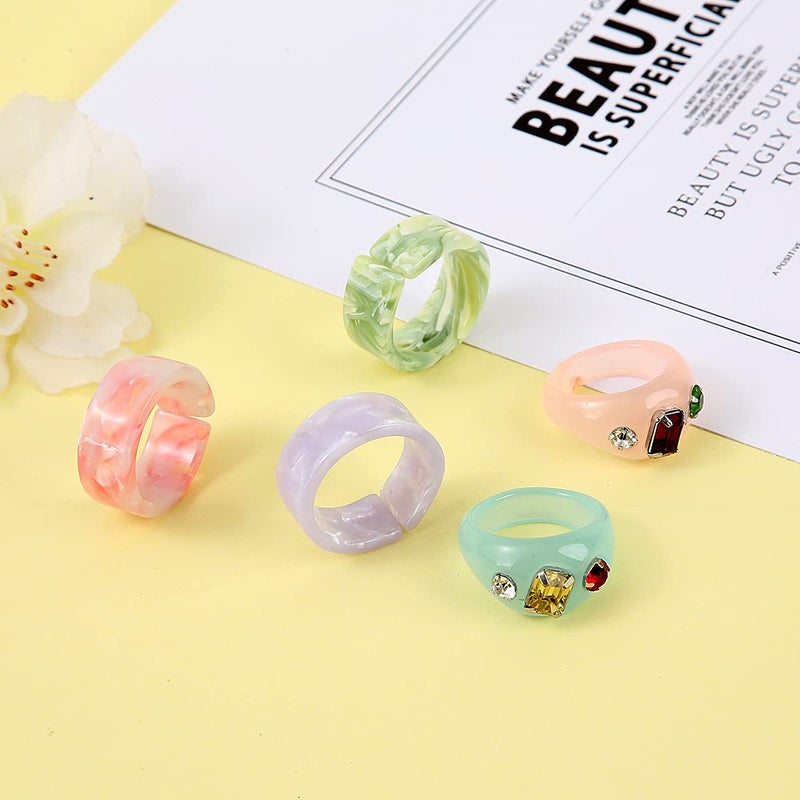 AIDSOTOU 20 Pcs Resin Acrylic Rings Set Colorful Trendy Vintage Thick Dome Y2k Rings Jewelry Plastic Resin Unique Square Gem Stackable Chunky Fruit Ring for Women - Image 4