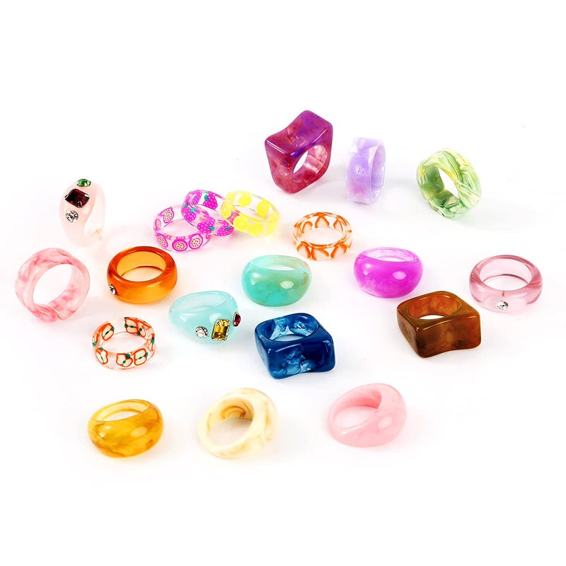 AIDSOTOU 20 Pcs Resin Acrylic Rings Set Colorful Trendy Vintage Thick Dome Y2k Rings Jewelry Plastic Resin Unique Square Gem Stackable Chunky Fruit Ring for Women - Image 1