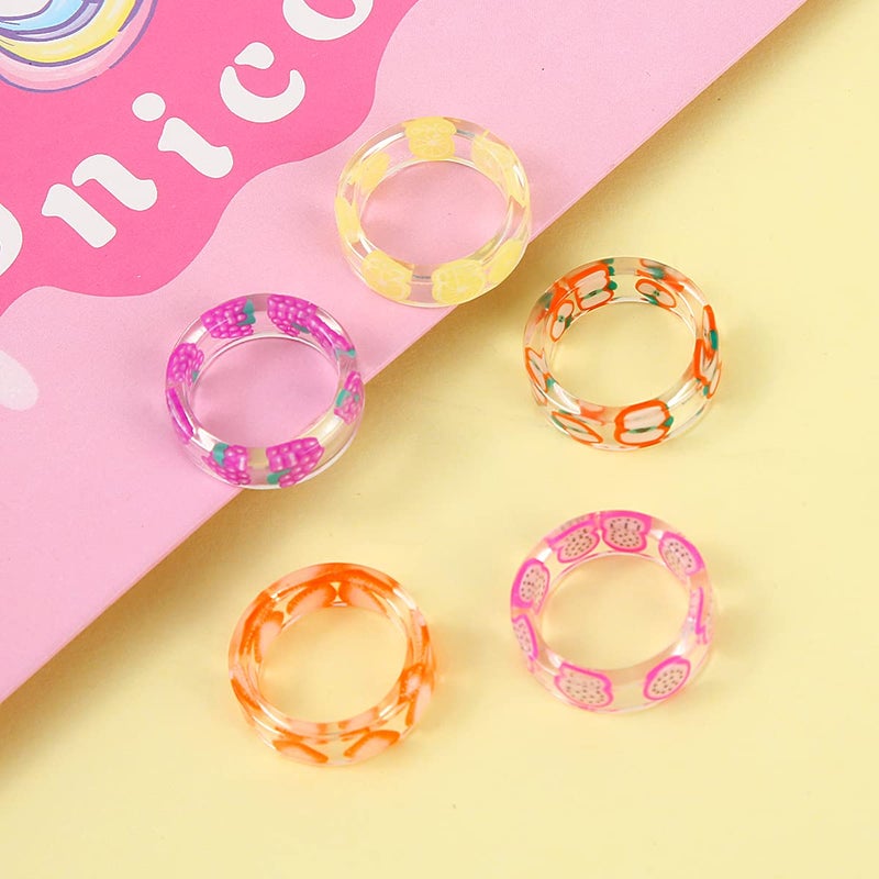 AIDSOTOU 20 Pcs Resin Acrylic Rings Set Colorful Trendy Vintage Thick Dome Y2k Rings Jewelry Plastic Resin Unique Square Gem Stackable Chunky Fruit Ring for Women - Image 5