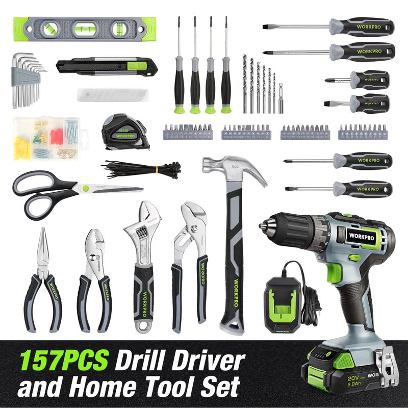 WORKPRO Home Tool Set with 20V Cordless Lithium-Ion Drill Driver, Household Repairing Tool Kit with Drill, 157PCS Power Drill Sets, 14-Inch Wide Mouth Storage Tool Bag, Green - Image 2