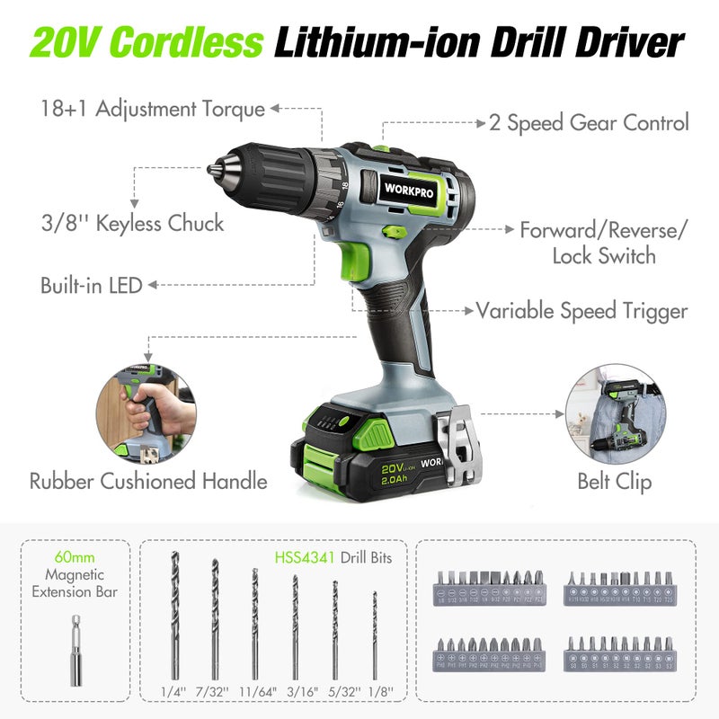 WORKPRO Home Tool Set with 20V Cordless Lithium-Ion Drill Driver, Household Repairing Tool Kit with Drill, 157PCS Power Drill Sets, 14-Inch Wide Mouth Storage Tool Bag, Green - Image 3