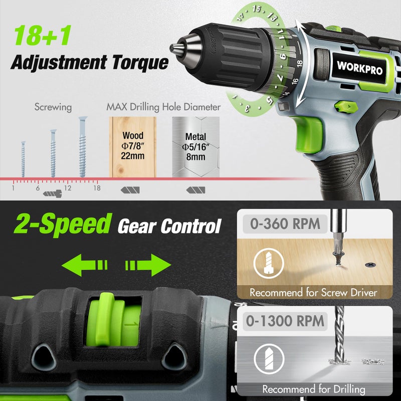 WORKPRO Home Tool Set with 20V Cordless Lithium-Ion Drill Driver, Household Repairing Tool Kit with Drill, 157PCS Power Drill Sets, 14-Inch Wide Mouth Storage Tool Bag, Green - Image 5