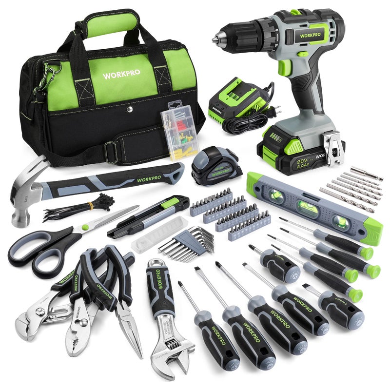 WORKPRO Home Tool Set with 20V Cordless Lithium-Ion Drill Driver, Household Repairing Tool Kit with Drill, 157PCS Power Drill Sets, 14-Inch Wide Mouth Storage Tool Bag, Green - Image 1