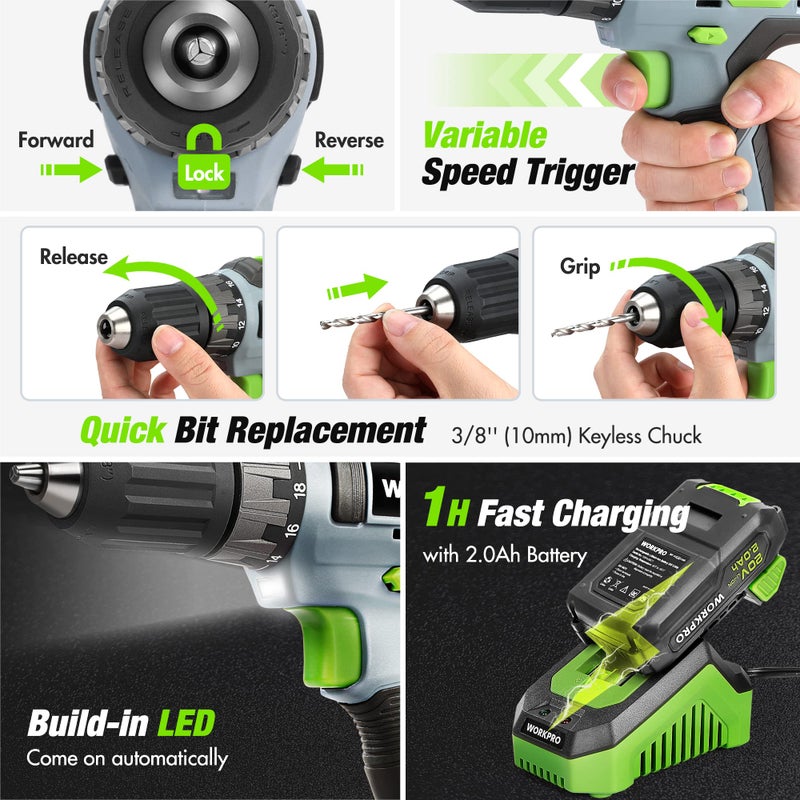 WORKPRO Home Tool Set with 20V Cordless Lithium-Ion Drill Driver, Household Repairing Tool Kit with Drill, 157PCS Power Drill Sets, 14-Inch Wide Mouth Storage Tool Bag, Green - Image 4