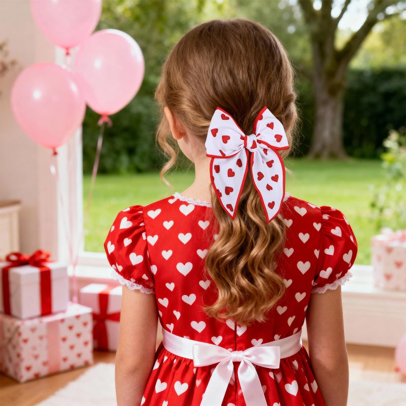 Miroksh Valentines Fable Hair Bows for teen toddler Girls 2Pcs 5" Red Heart Cotton Linen Ribbon Shaker Bow Alligator Clip for kids Women Birthday Wedding Xmas Dress Up Party Accessory Gift - Image 5
