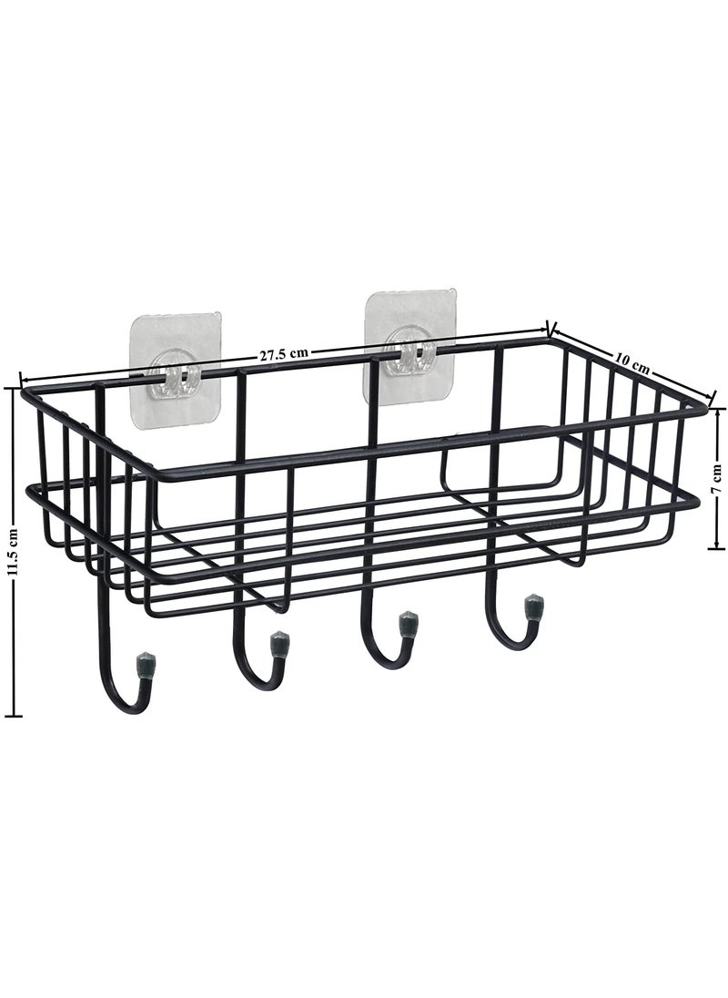 Easy Home - EASY HOME Self Adhesive Multipurpose Wall Mounted Bathroom Shelf with Hooks, Wall Mount Storage Organizer, Towel Holder Rack for Kitchen and Washroom Accessories, Black (Powder Coated, Pack of 2) - Image 1