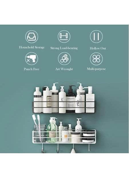 Easy Home - EASY HOME Self Adhesive Multipurpose Wall Mounted Bathroom Shelf with Hooks, Wall Mount Storage Organizer, Towel Holder Rack for Kitchen and Washroom Accessories, Black (Powder Coated, Pack of 2) - Image 1