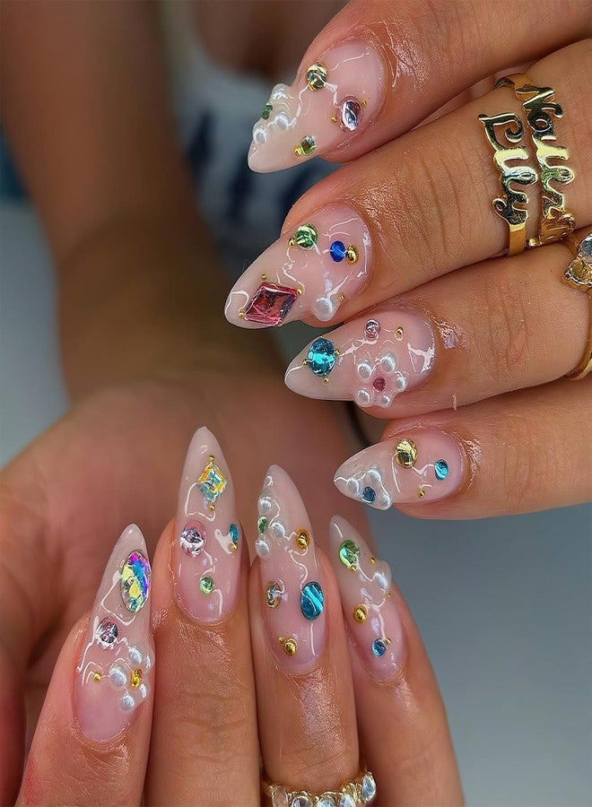 Jremg Rhinestones Press on Nails Medium Almond Fake Nails with Colorful Pearls Designs Glossy Nude Pink White Gradient French Tip False Nails Reusable Luxury Diamond Glue on Nails for Women 24Pcs - Image 1
