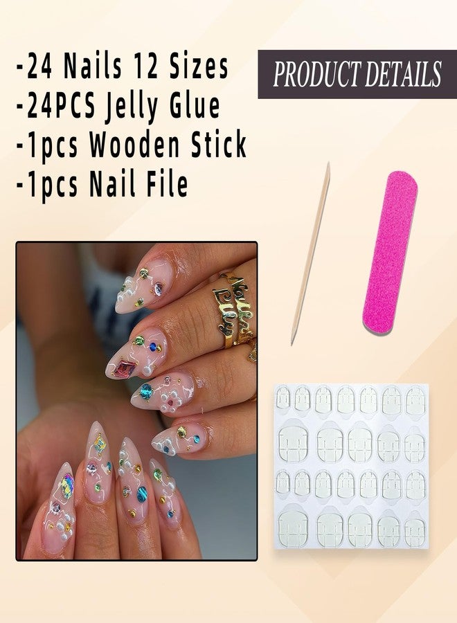 Jremg Rhinestones Press on Nails Medium Almond Fake Nails with Colorful Pearls Designs Glossy Nude Pink White Gradient French Tip False Nails Reusable Luxury Diamond Glue on Nails for Women 24Pcs - Image 5