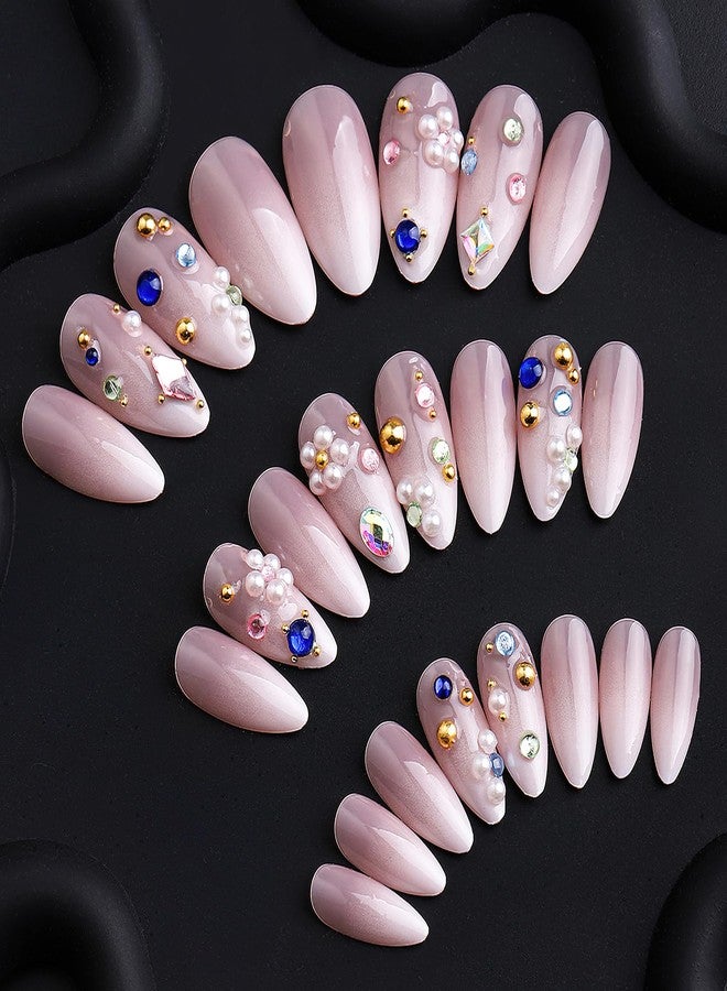 Jremg Rhinestones Press on Nails Medium Almond Fake Nails with Colorful Pearls Designs Glossy Nude Pink White Gradient French Tip False Nails Reusable Luxury Diamond Glue on Nails for Women 24Pcs - Image 2