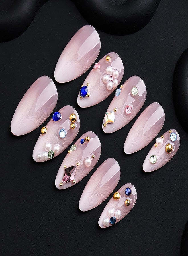 Jremg Rhinestones Press on Nails Medium Almond Fake Nails with Colorful Pearls Designs Glossy Nude Pink White Gradient French Tip False Nails Reusable Luxury Diamond Glue on Nails for Women 24Pcs - Image 4