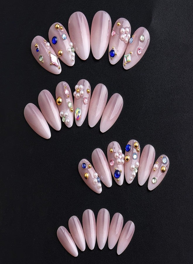 Jremg Rhinestones Press on Nails Medium Almond Fake Nails with Colorful Pearls Designs Glossy Nude Pink White Gradient French Tip False Nails Reusable Luxury Diamond Glue on Nails for Women 24Pcs - Image 3