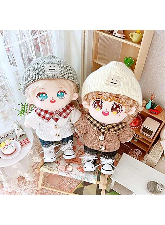 7.8in/20cm Plush Doll Clothes Hat on Sweater Denim Flanging Jeans Doll Dressup (White+Brown)  - Image 4