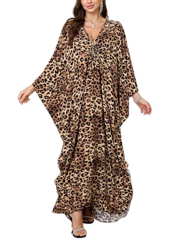 KEYLORTING Women’s Kaftan Beach Cover Up Dress Plus Size Summer Swimsuit Loungewear Maxi Dress Brown Leopard - Image 1
