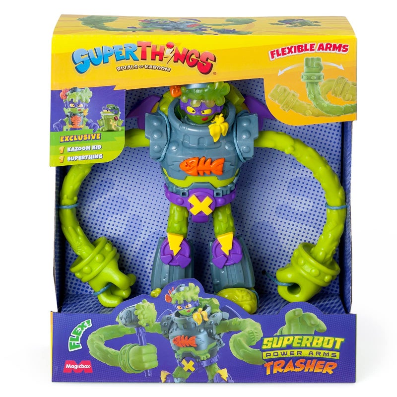 SUPERTHINGS RIVALS OF KABOOM SUPERTHINGS RIVALS OF KABOOM Superbot Power Arms Trasher – Articulated villain robot with flexible arms and combat accessory. Includes 1 exclusive Kid and 1 exclusive SuperThing  - Image 1