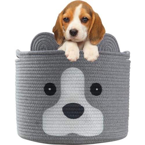 Ushang Pet Medium Dog Woven Baskets with Handle Dog Toy Hamper Cotton Rope Dog Toy Storage Baskets for Pet Animal Basket for Kids Baby Gift Baskets for Dog Lovers Grey - Image 3