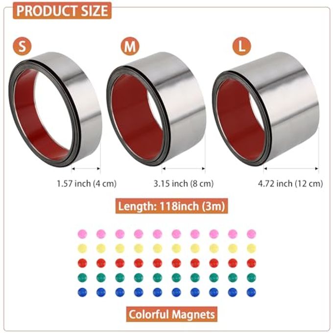 QDYMXUN Self Adhesive Backing Metal Strip For Magnets, Flexible Ferrous Memo Tapes Roll For Bulletin Boards In Studio, Office, School (Glossy Silver, 118''L X 4.72''W) - Image 3