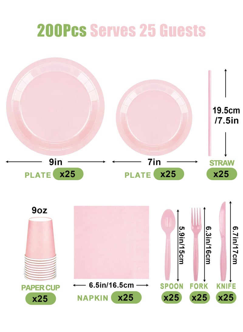 200 Pcs Disposable Paper Plates and Napkins,25 Guest Party Supplies Dinnerware Set Include Scalloped Paper Plates Napkin Cup Straw Plastic Spoon Fork Knive for Party,Wedding,Birthday (Pink) - view 2