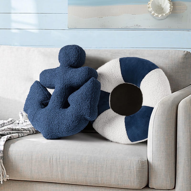 AELS 3D Anchor & Lifebuoy Nautical Throw Pillows, 19.6"& 15.7" Set of 2, Coastal Decor for Beach Enthusiasts Beach House, Ideal for Sofa Couch Living Room Bedroom and Nursery, Navy Blue and White - Image 1