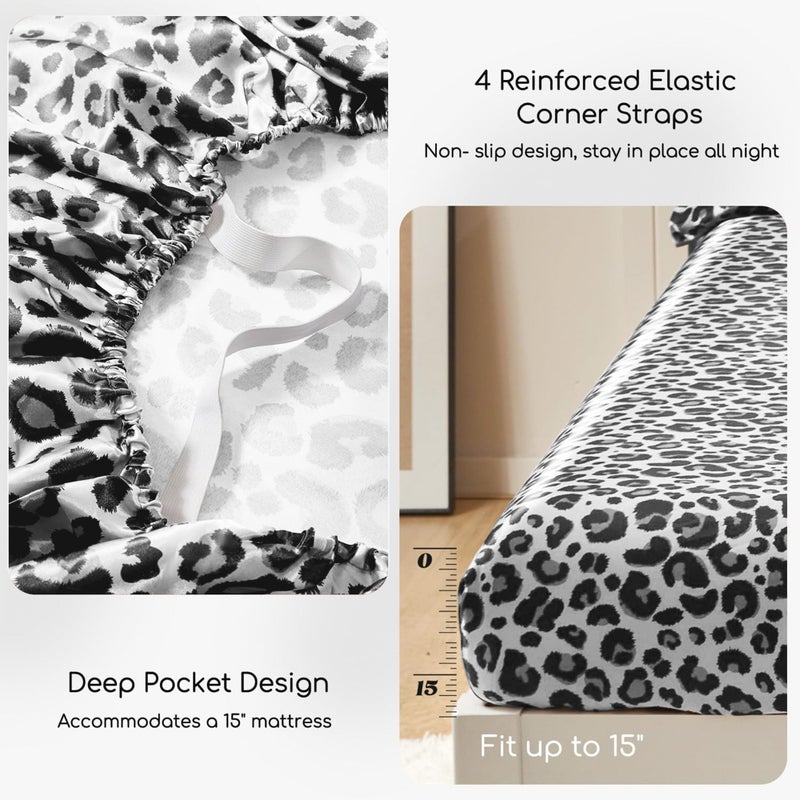 MR&HM Satin Sheets with Elastic Corner Straps, Queen Size Sheets Set, 4 Pcs Silky Bedding Set with 15 Inches Deep Pocket for Mattress (Queen, White Leopard) - Image 4