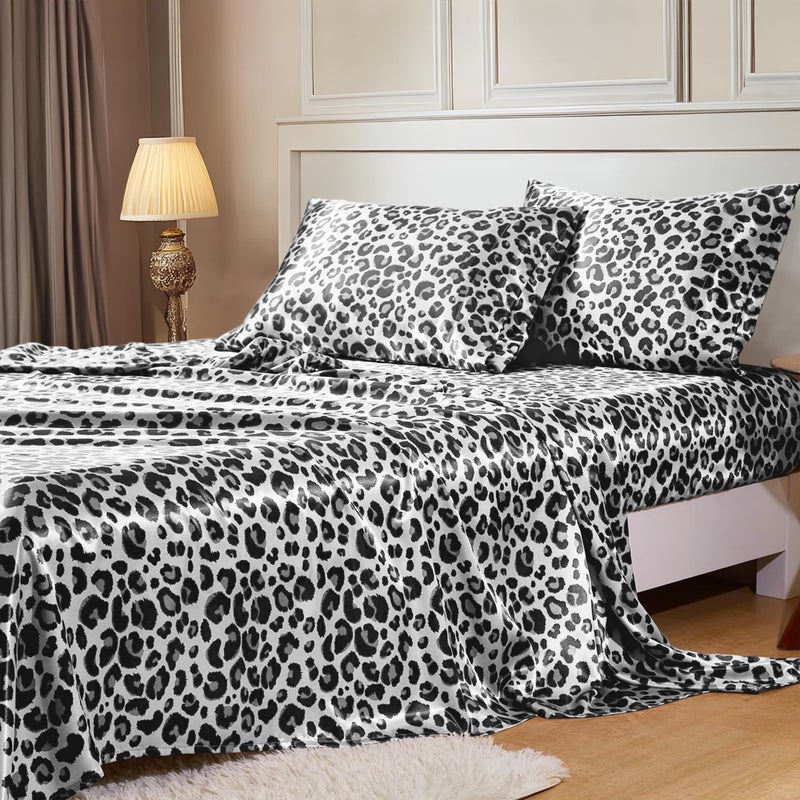 MR&HM Satin Sheets with Elastic Corner Straps, Queen Size Sheets Set, 4 Pcs Silky Bedding Set with 15 Inches Deep Pocket for Mattress (Queen, White Leopard) - Image 1