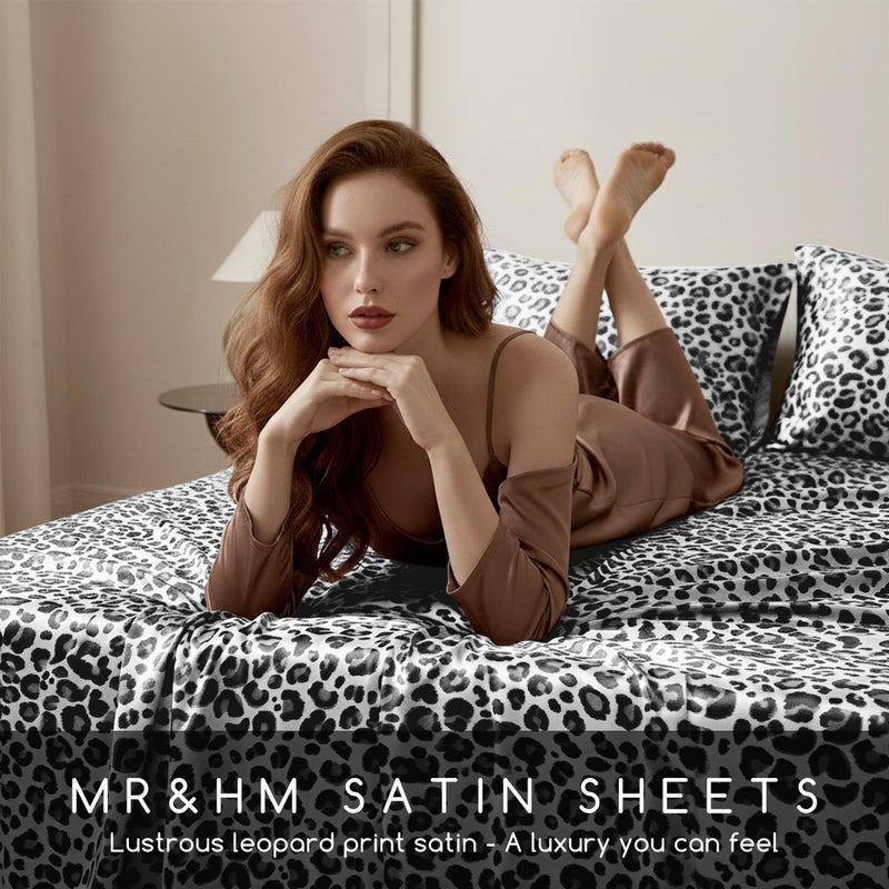 MR&HM Satin Sheets with Elastic Corner Straps, Queen Size Sheets Set, 4 Pcs Silky Bedding Set with 15 Inches Deep Pocket for Mattress (Queen, White Leopard) - Image 5