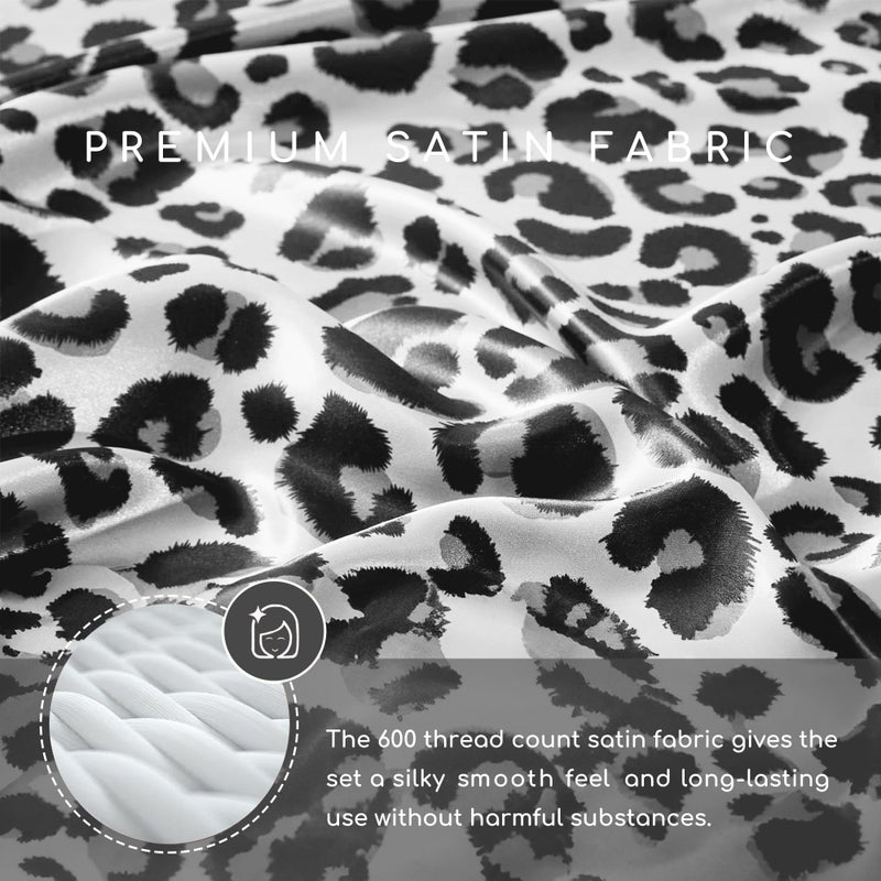 MR&HM Satin Sheets with Elastic Corner Straps, Queen Size Sheets Set, 4 Pcs Silky Bedding Set with 15 Inches Deep Pocket for Mattress (Queen, White Leopard) - Image 2