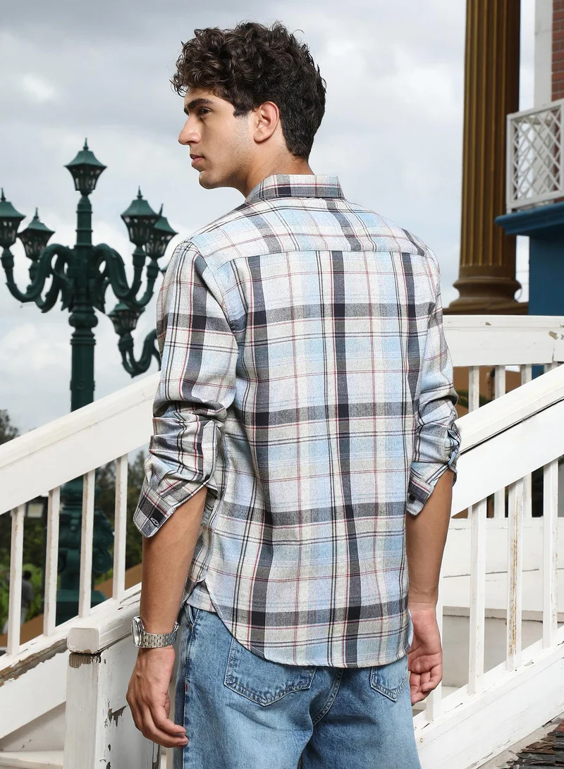 CAHOOT  Men's Baby Blue & Charcoal Black Brushing-Plaid Regular Shirt for Men | Best Price UAE