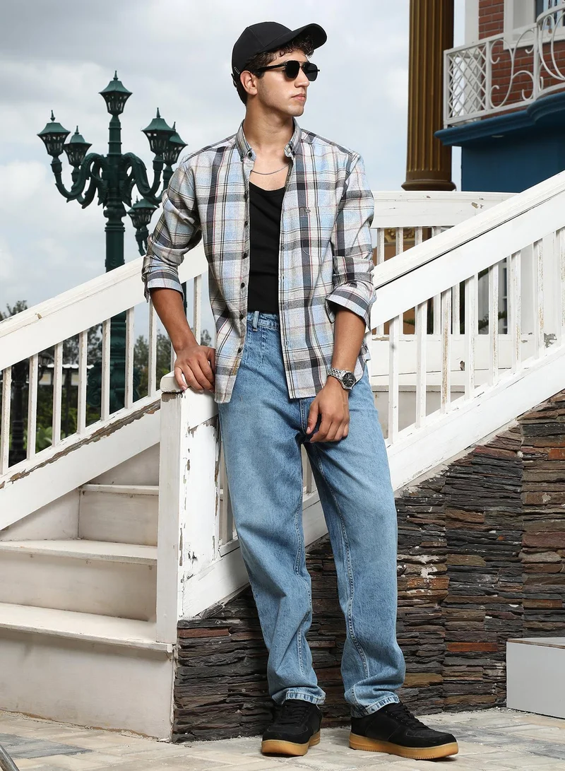 CAHOOT  Men's Baby Blue & Charcoal Black Brushing-Plaid Regular Shirt for Men | Best Price UAE