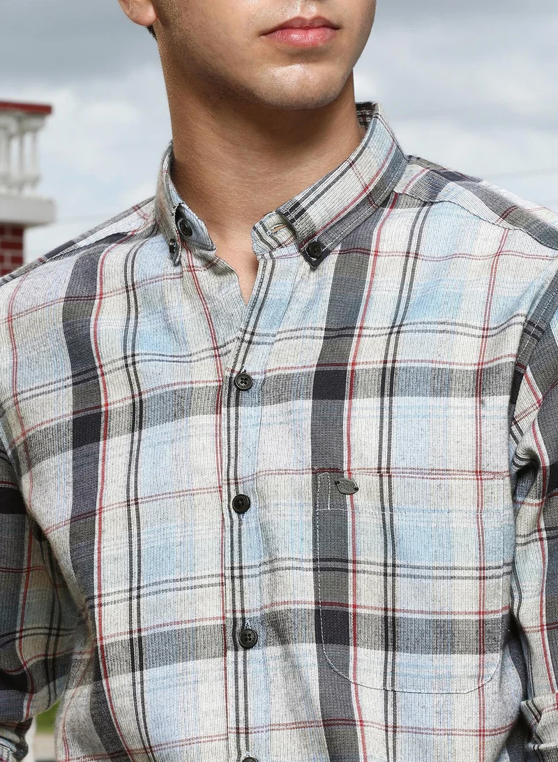 CAHOOT  Men's Baby Blue & Charcoal Black Brushing-Plaid Regular Shirt for Men | Best Price UAE