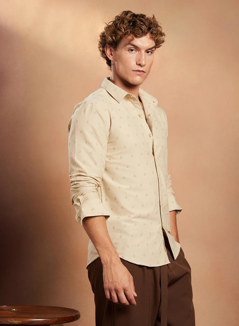 Campus Sutra Campus Sutra Men's Sand Beige Polka-Tactile Shirt For Casual Wear | Spread Collar | Long Cuffed Sleeves | Button Closure | Shirt Crafted With Comfort Fit For Everyday Wear