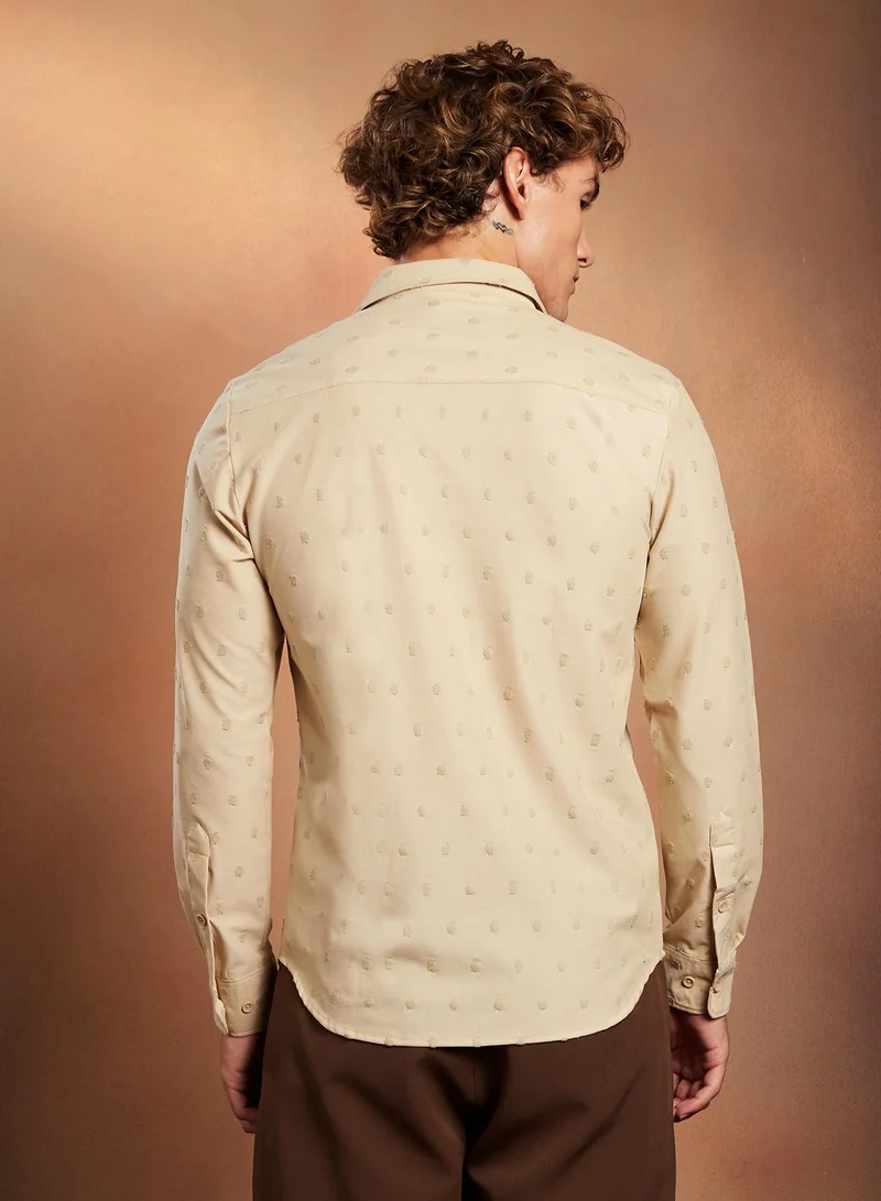 Campus Sutra Campus Sutra Men's Sand Beige Polka-Tactile Shirt For Casual Wear | Spread Collar | Long Cuffed Sleeves | Button Closure | Shirt Crafted With Comfort Fit For Everyday Wear